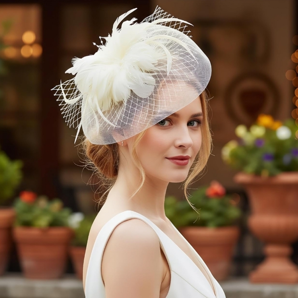 🐎NEW! Elegant Ivory Feather Fascinator Hat